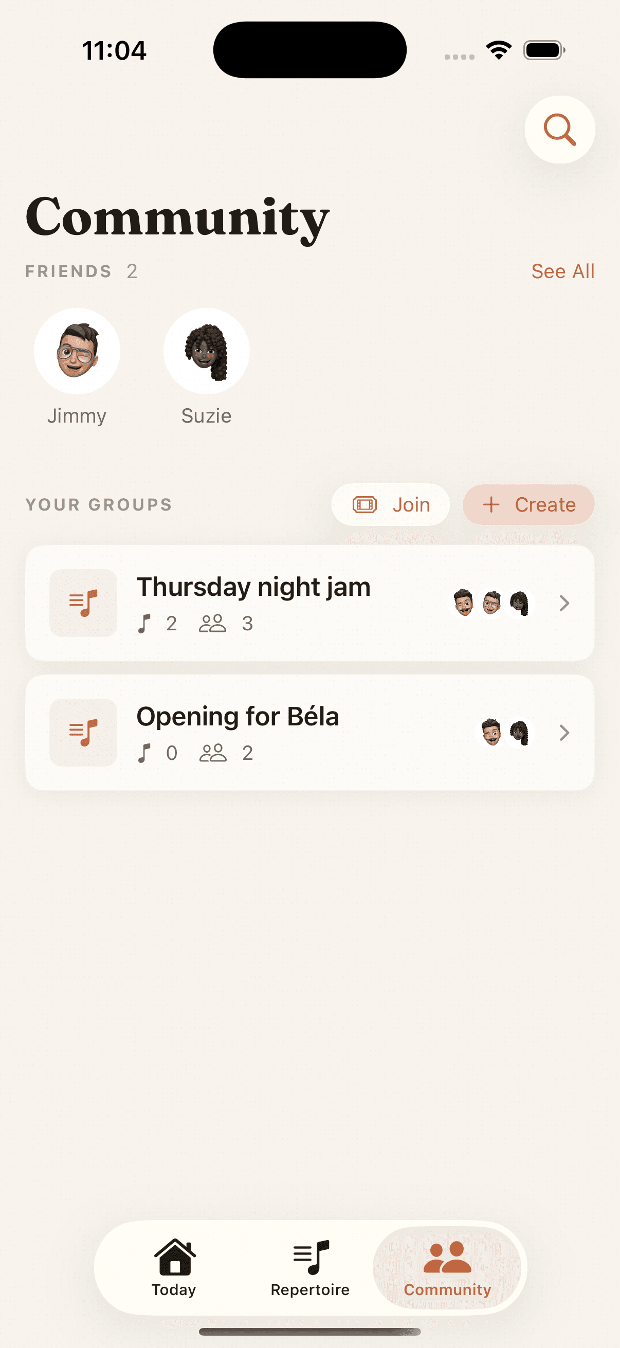 Community view with friends and jam groups