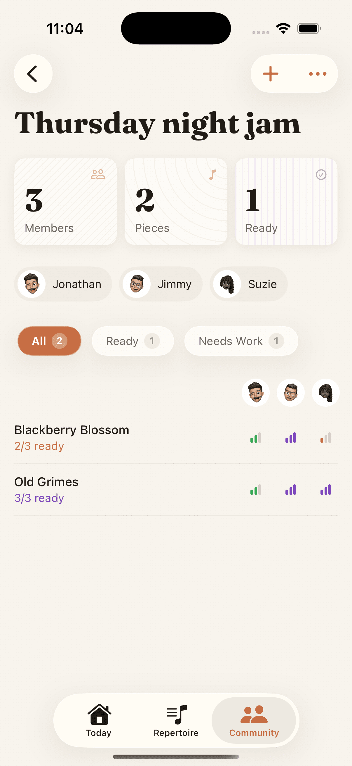 Group detail view showing shared tune list with member readiness indicators