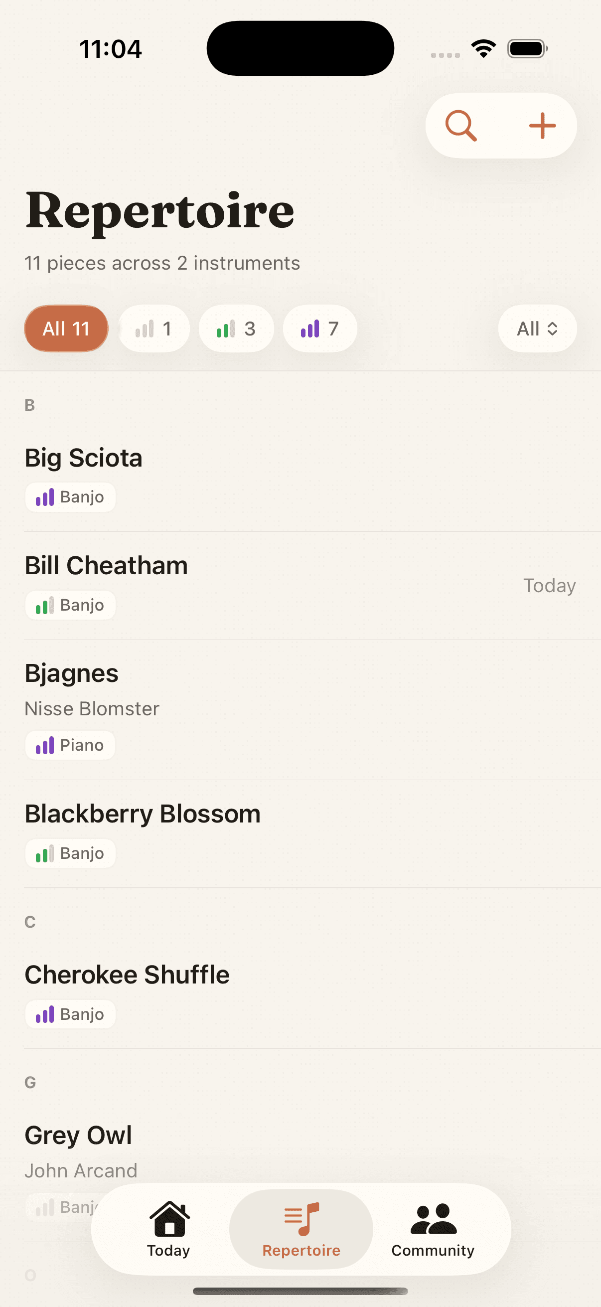 Repertoire list organized by tier